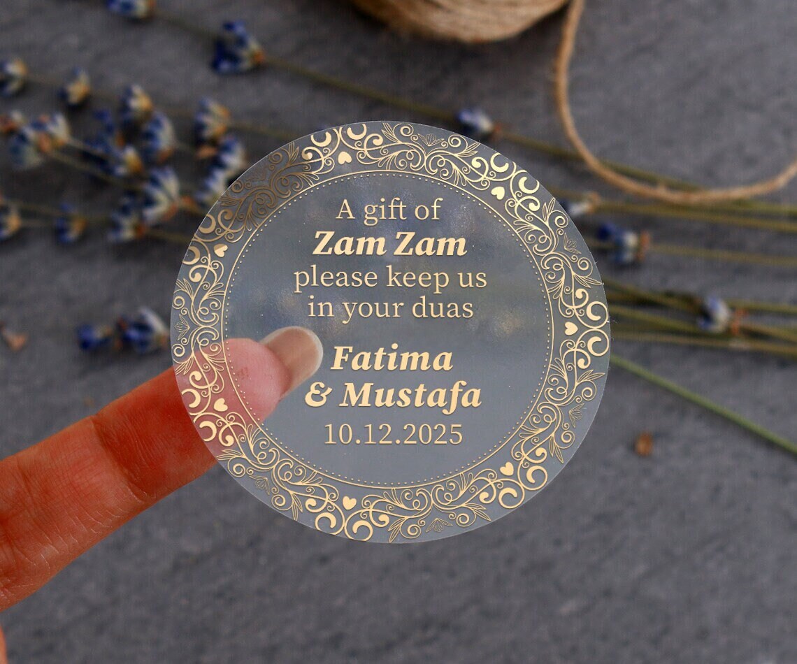 Personalized gold-foil Zam Zam water gift sticker with names and event date