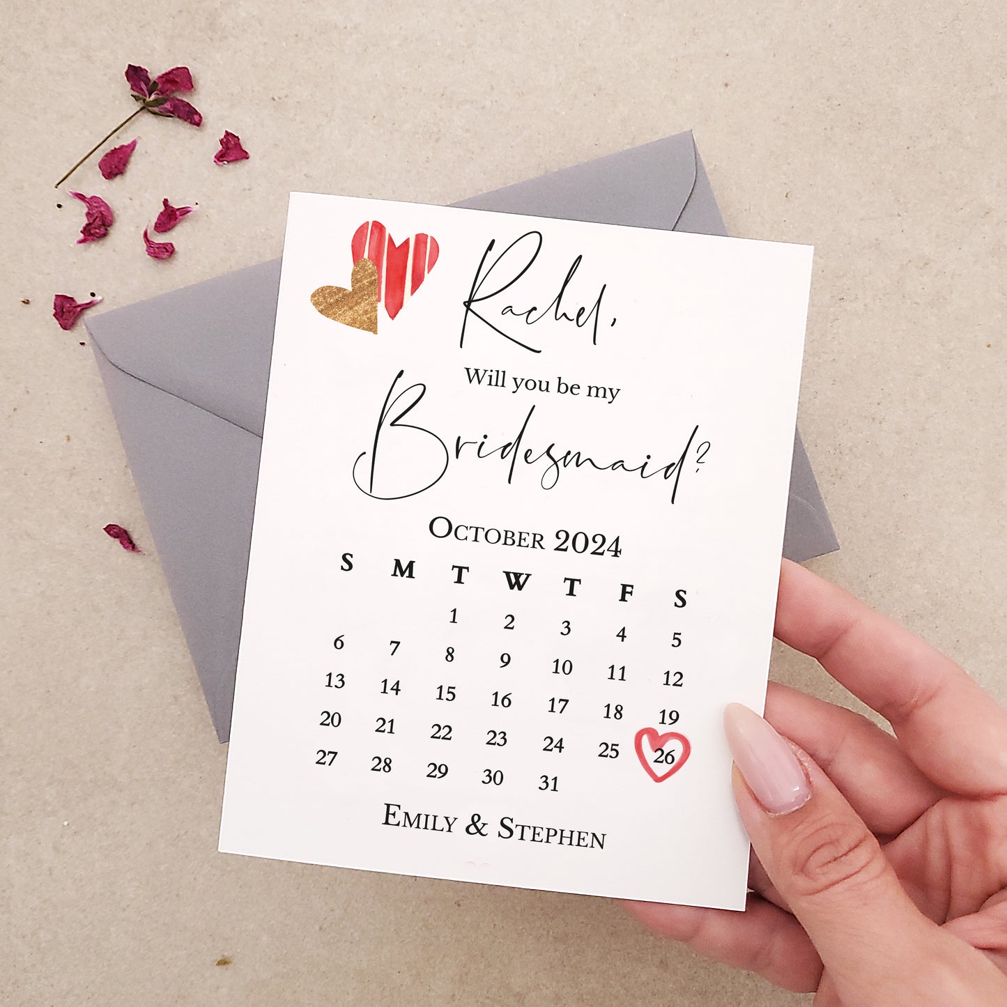 custom red and gold bridesmaid proposal card with calendar design - XOXOKristen