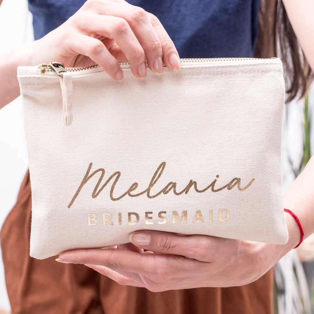 Personalized bridesmaid gift makeup bag. Customizable pouch for maid of honor, bridesmaid or other custom wedding roles. - XOXOKristen