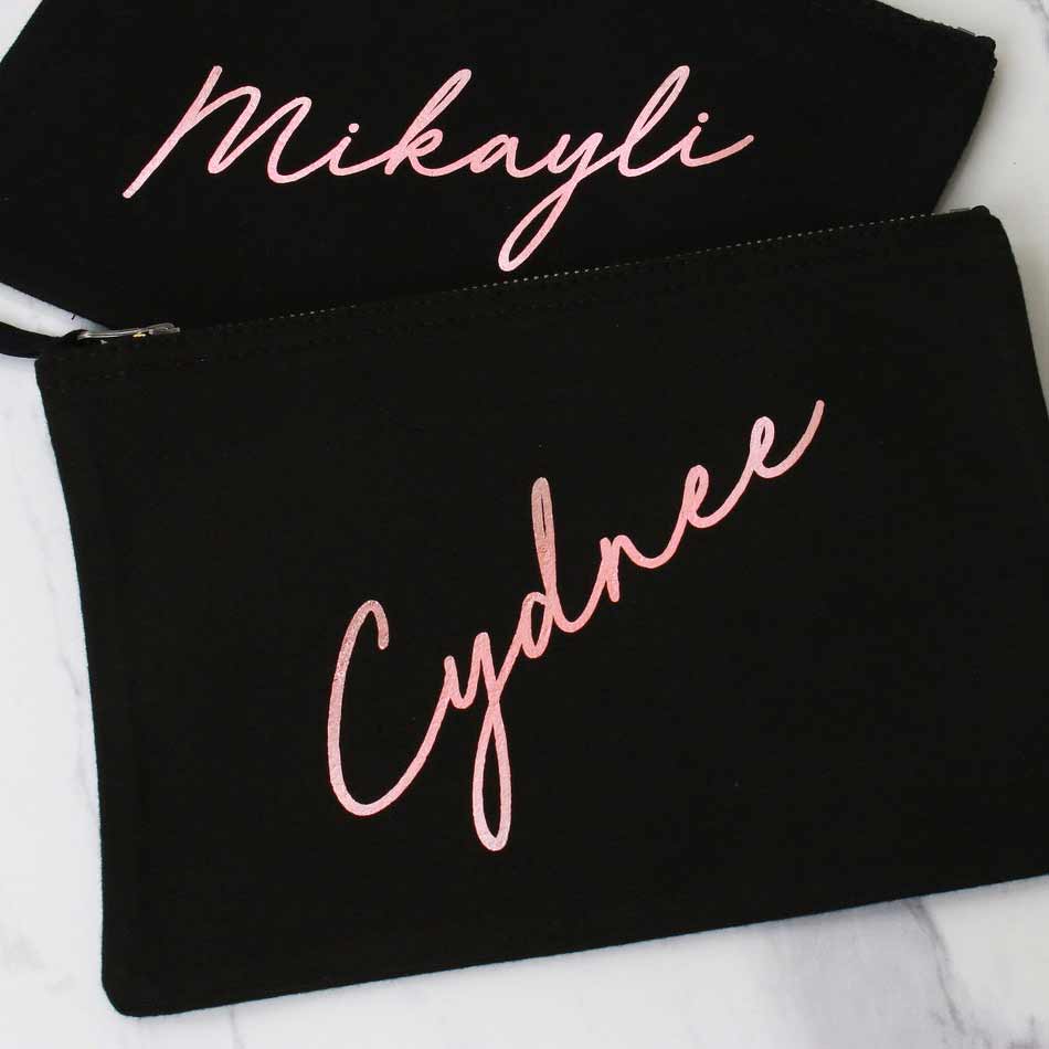 Personalized makeup bags with name, wedding role and date. Customize it for bridesmaid, maid of honor or use them for bridal shower gifts – XOXOKristen.