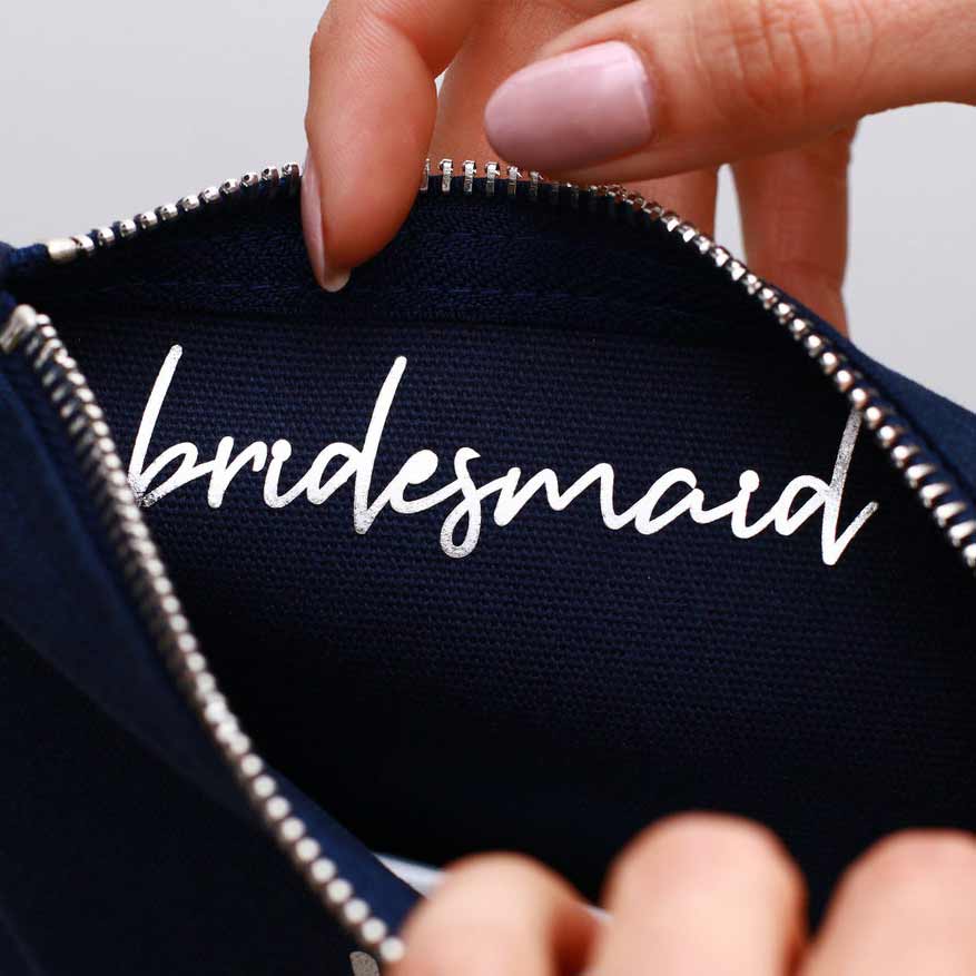 Personalized makeup bags with name, wedding role and date. Customize it for bridesmaid, maid of honor or use them for bridal shower gifts – XOXOKristen.