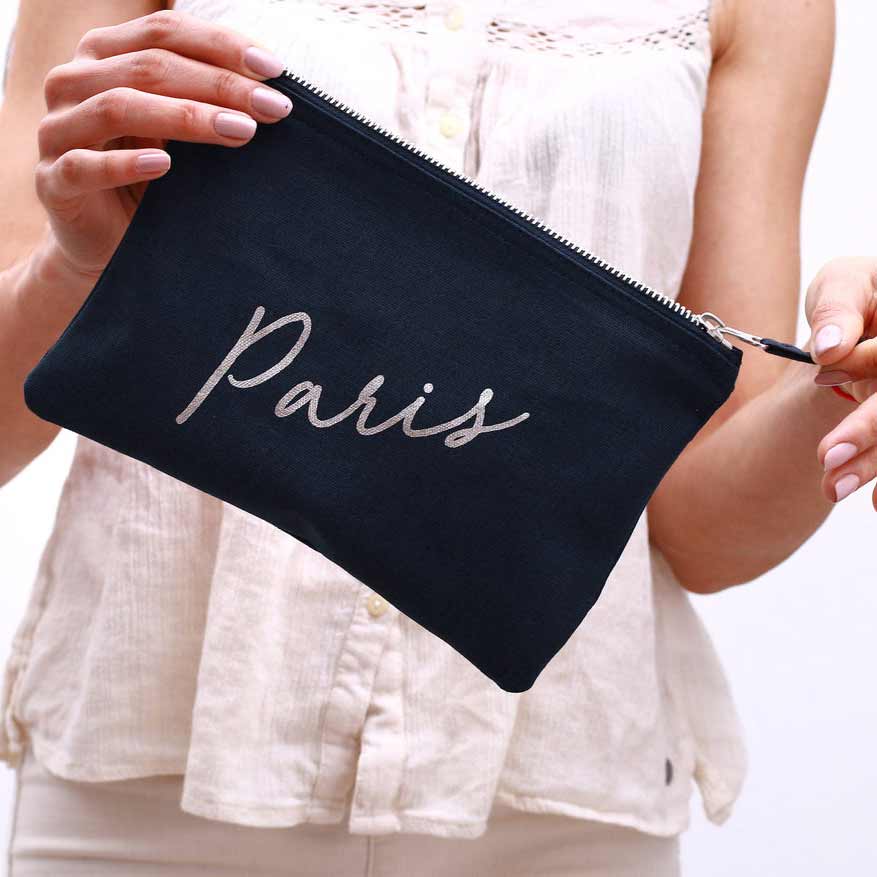 Personalized makeup bags with name, wedding role and date. Customize it for bridesmaid, maid of honor or use them for bridal shower gifts – XOXOKristen.