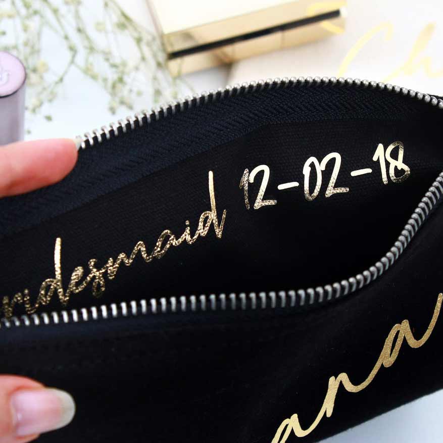 Personalized makeup bags with name, wedding role and date. Customize it for bridesmaid, maid of honor or use them for bridal shower gifts – XOXOKristen.
