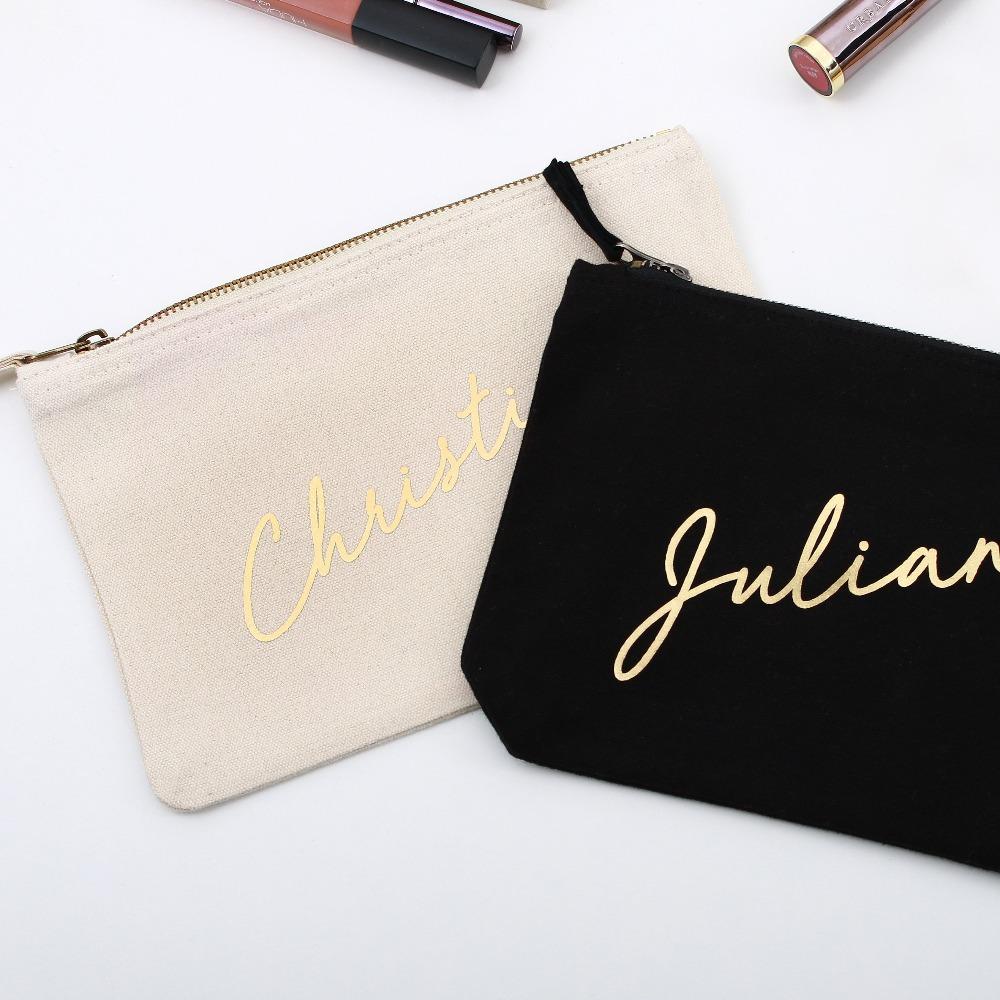 Personalized makeup bags with name, wedding role and date. Customize it for bridesmaid, maid of honor or use them for bridal shower gifts – XOXOKristen.