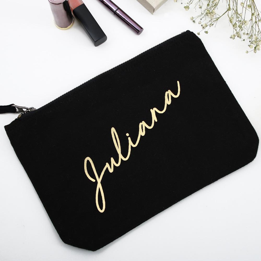 Personalized makeup bags with name, wedding role and date. Customize it for bridesmaid, maid of honor or use them for bridal shower gifts – XOXOKristen.