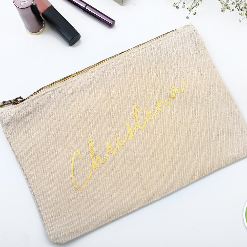 Personalized makeup bags with name, wedding role and date. Customize it for bridesmaid, maid of honor or use them for bridal shower gifts – XOXOKristen.