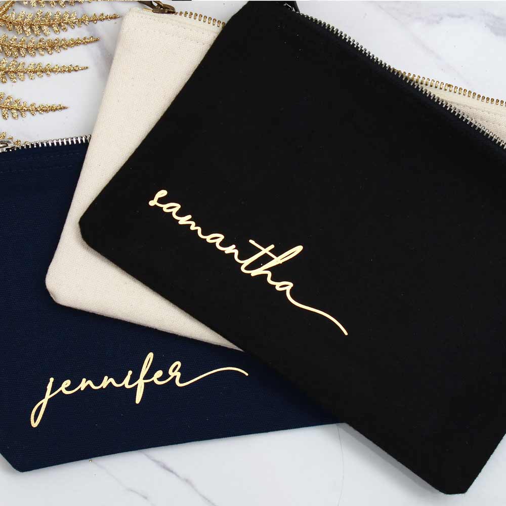 Bridesmaid gift cosmetic pouch. Personalized with gold foiled lettering - XOXOKristen