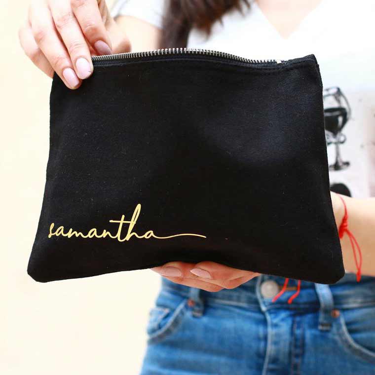 Bridesmaid gift cosmetic pouch. Personalized with gold foiled lettering - XOXOKristen