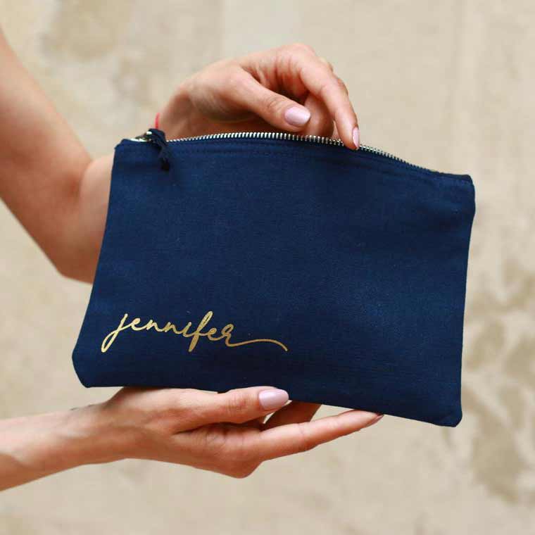 Bridesmaid gift cosmetic pouch. Personalized with gold foiled lettering - XOXOKristen