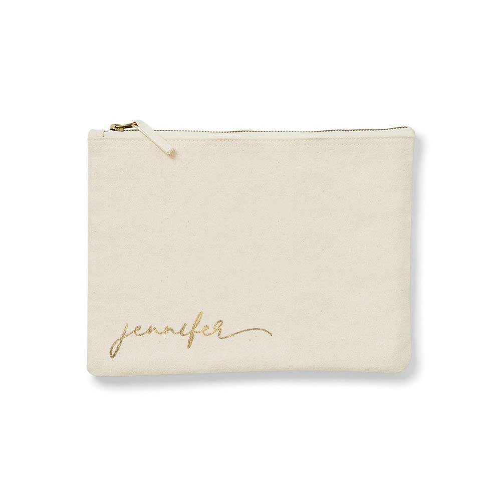 Bridesmaid gift cosmetic pouch. Personalized with gold foiled lettering - XOXOKristen