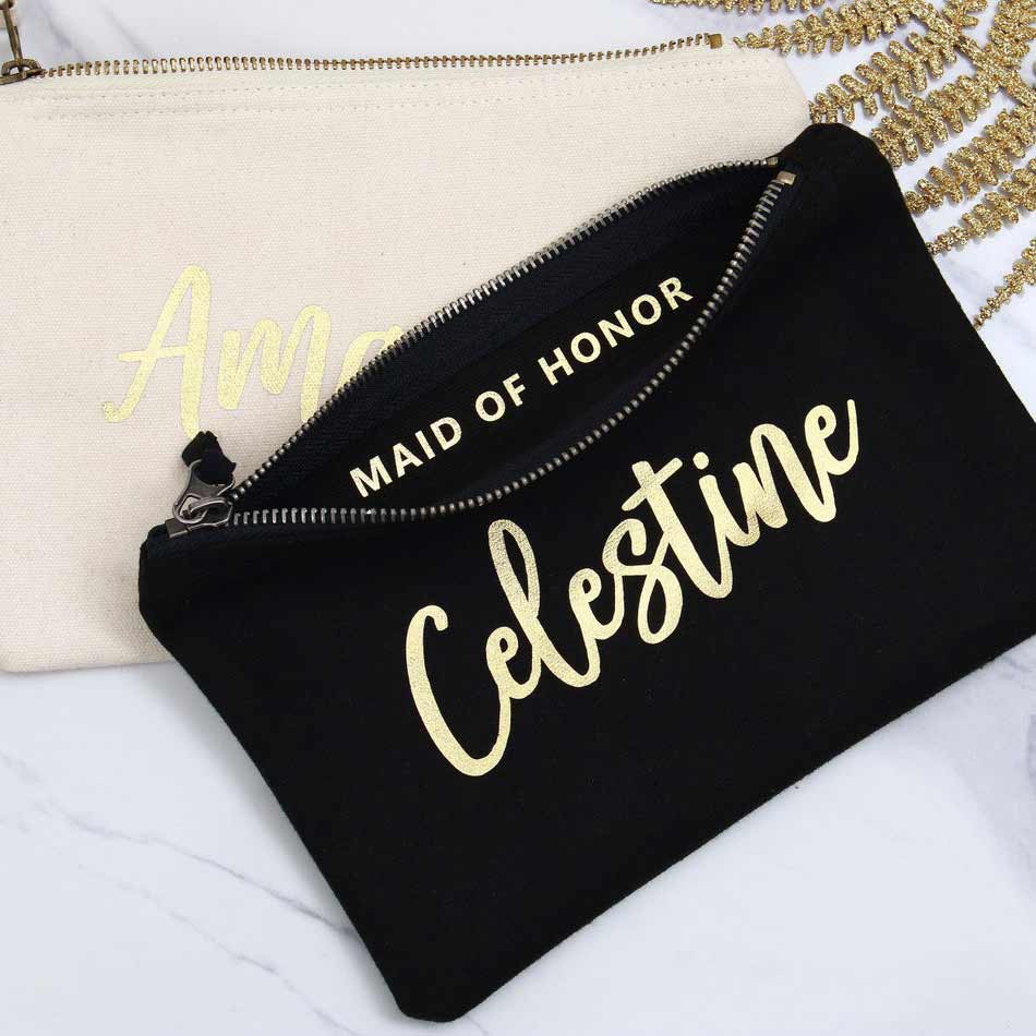 Personalized bridesmaid gift cosmetic pouch with handwritten golf foiled wedding role. Customize for maid of honor, bridesmaid or other custom role - XOXOKristen