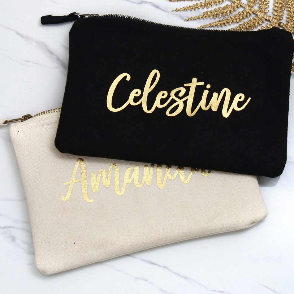 Personalized bridesmaid gift cosmetic pouch with handwritten golf foiled wedding role. Customize for maid of honor, bridesmaid or other custom role - XOXOKristen