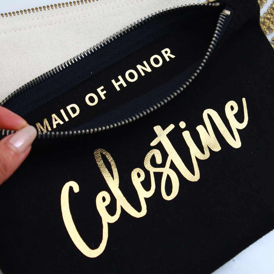 Personalized bridesmaid gift cosmetic pouch with handwritten golf foiled wedding role. Customize for maid of honor, bridesmaid or other custom role - XOXOKristen