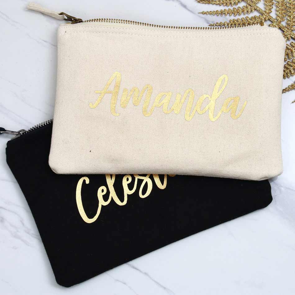 Personalized bridesmaid gift cosmetic pouch with handwritten golf foiled wedding role. Customize for maid of honor, bridesmaid or other custom role - XOXOKristen