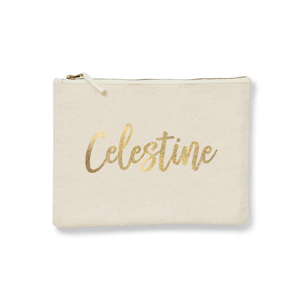 Personalized bridesmaid gift cosmetic pouch with handwritten golf foiled wedding role. Customize for maid of honor, bridesmaid or other custom role - XOXOKristen