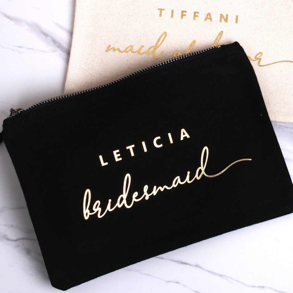 Personalized bridesmaid gift cosmetic pouch with handwritten golf foiled wedding role. Customize for maid of honor, bridesmaid or other custom role - XOXOKristen