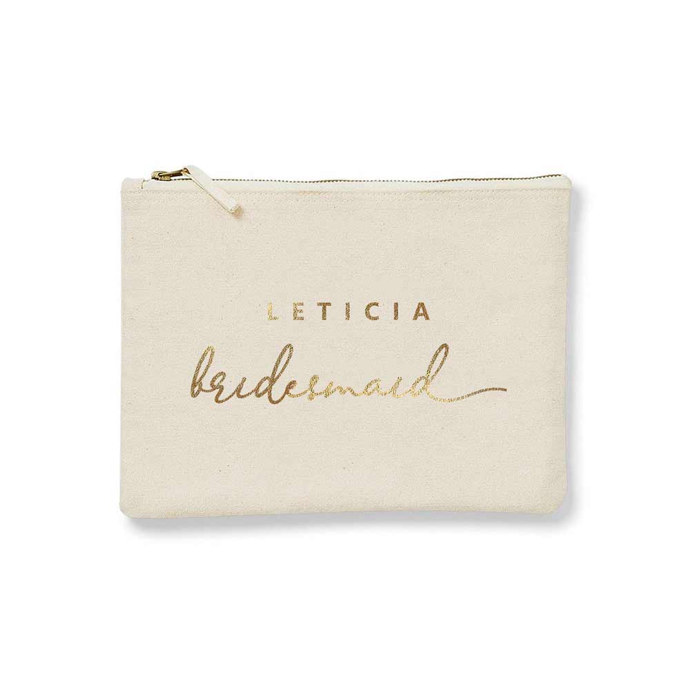 Personalized bridesmaid gift cosmetic pouch with handwritten golf foiled wedding role. Customize for maid of honor, bridesmaid or other custom role - XOXOKristen