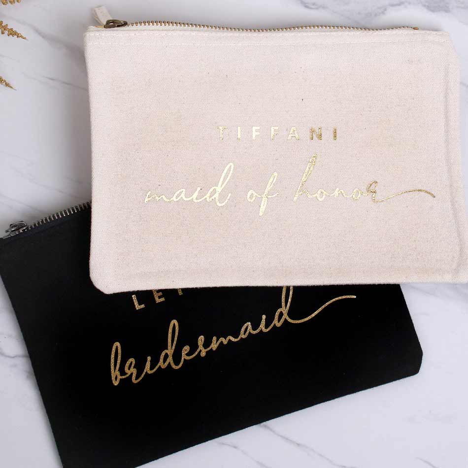 Personalized bridesmaid gift cosmetic pouch with handwritten golf foiled wedding role. Customize for maid of honor, bridesmaid or other custom role - XOXOKristen