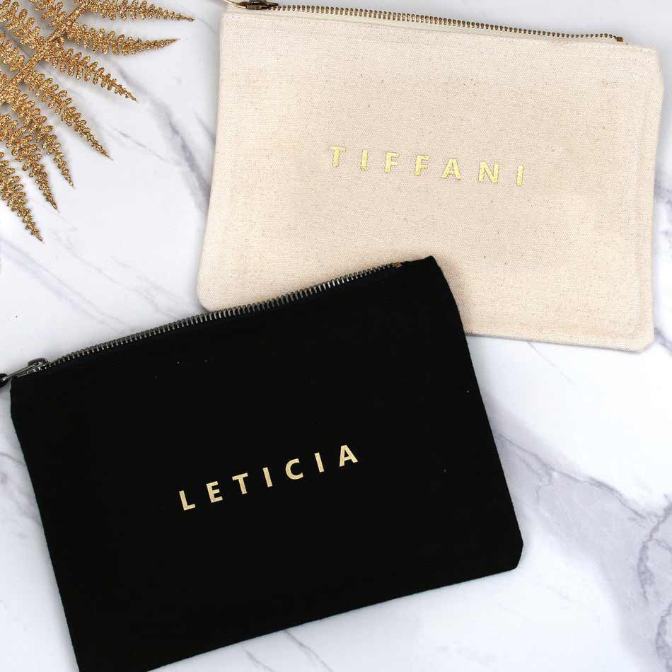 Personalized bridesmaid gift cosmetic pouch with handwritten golf foiled wedding role. Customize for maid of honor, bridesmaid or other custom role - XOXOKristen