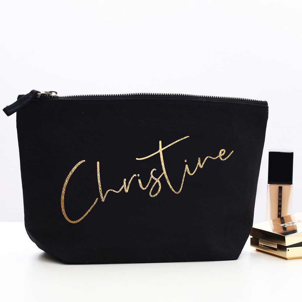 Bridesmaid gift cosmetic pouch. Personalized with real gold foiled handwritten name ā XOXOKristen