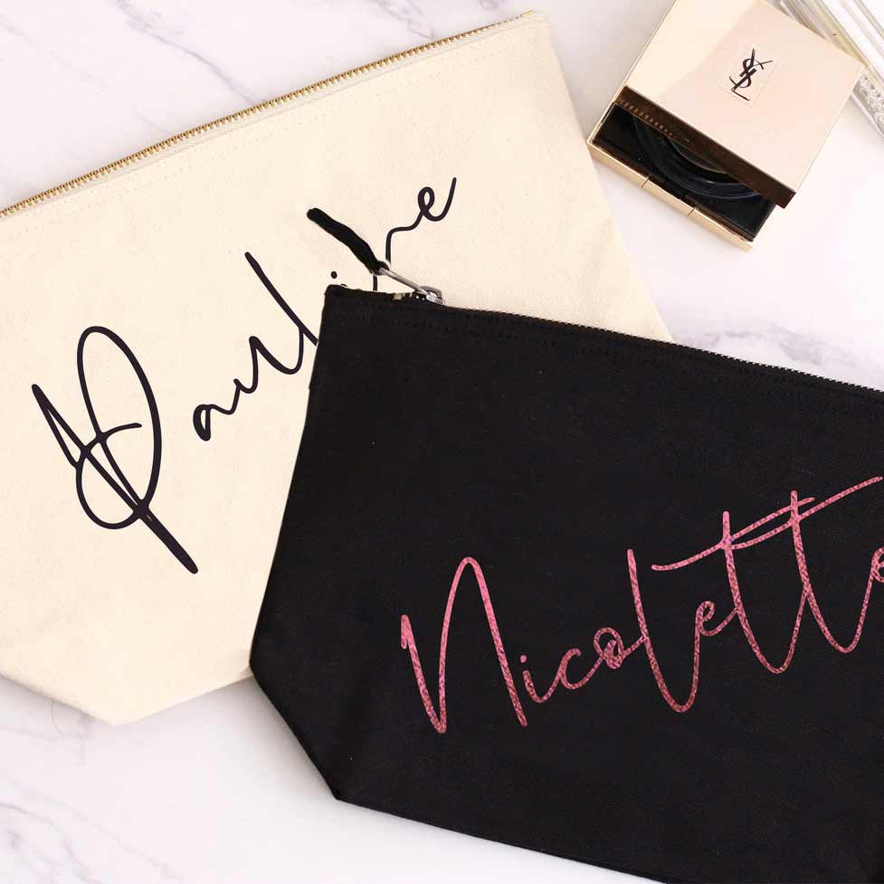 Bridesmaid gift cosmetic pouch. Personalized with real gold foiled handwritten name ā XOXOKristen