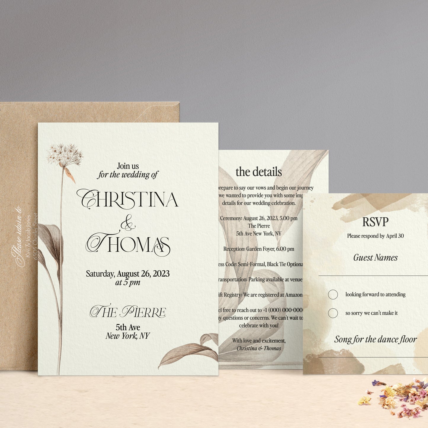 wedding invitation suite with beige floral design - XOXOKristen