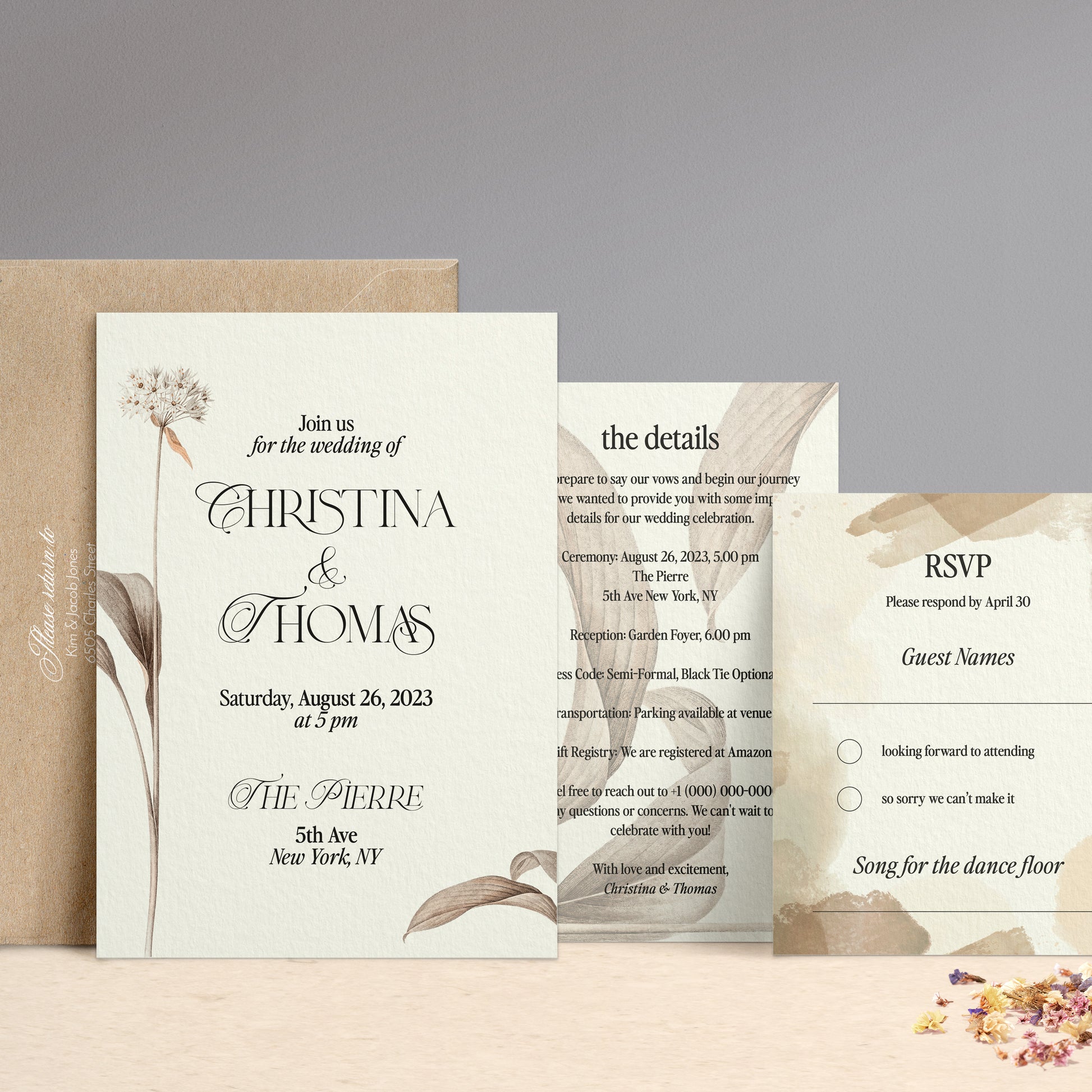 wedding invitation suite with beige floral design - XOXOKristen