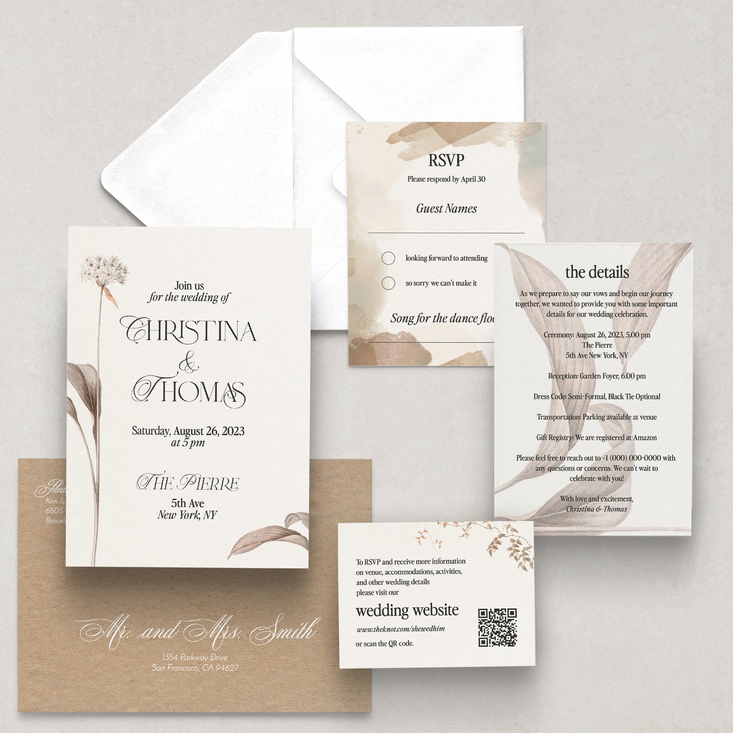 wedding invitation suite with beige floral design - XOXOKristen