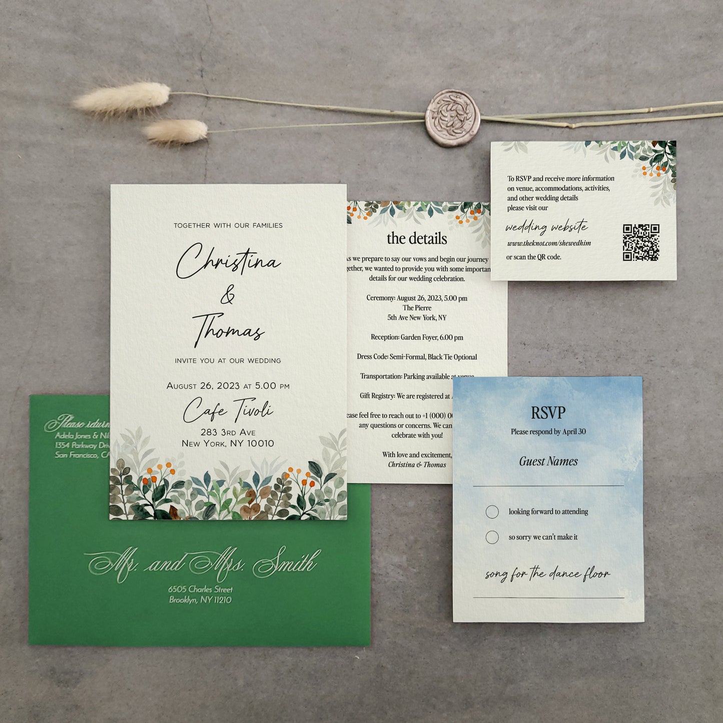 wedding invitation suite with green spring and summer flowers - XOXOKristen