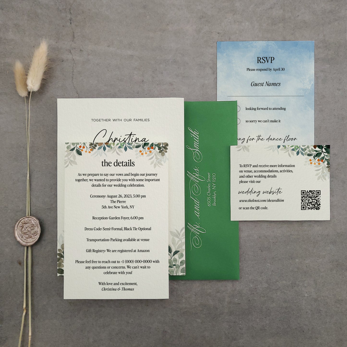 wedding invitation suite with green spring and summer flowers - XOXOKristen