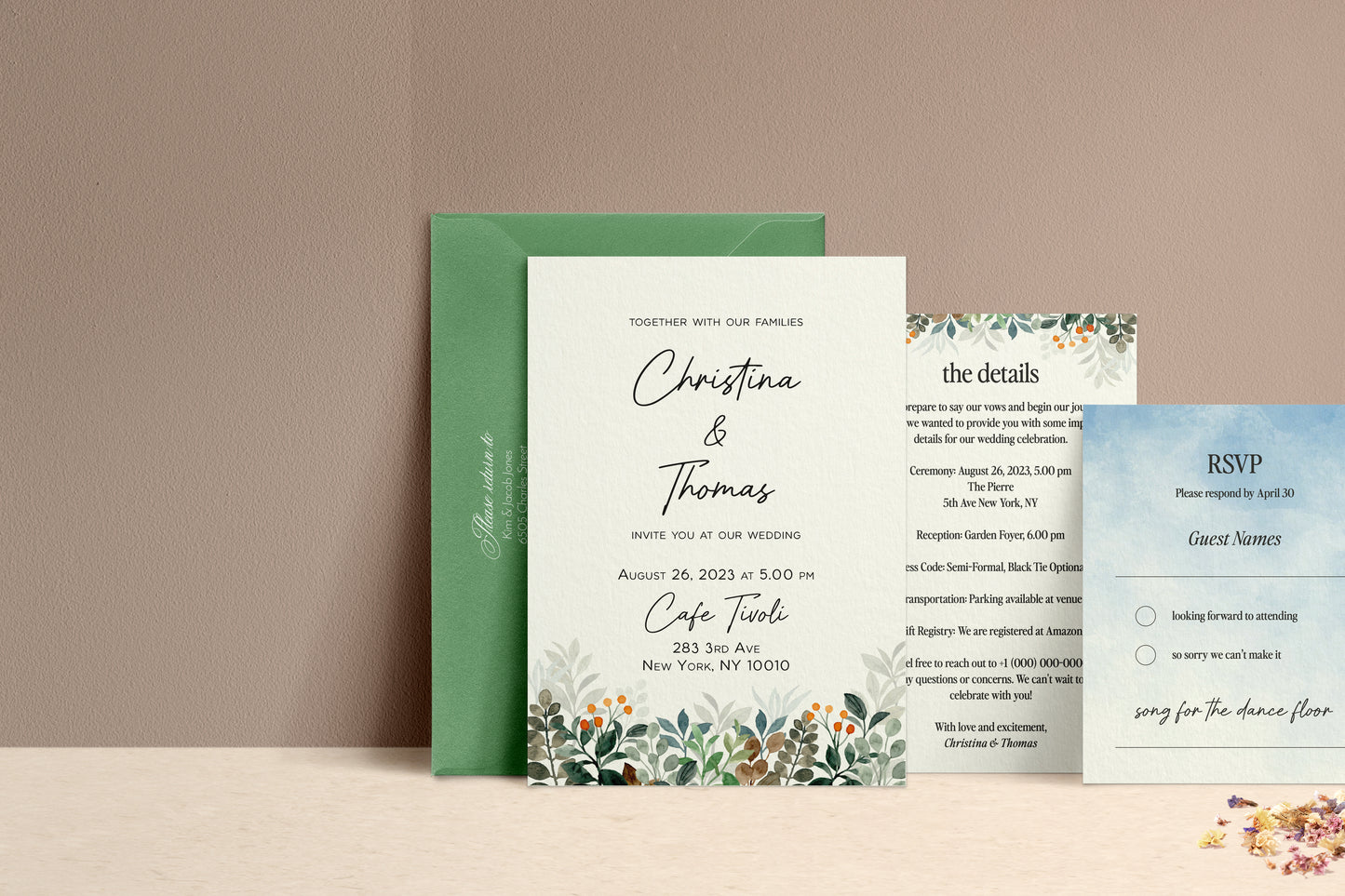 wedding invitation suite with green spring and summer flowers - XOXOKristen