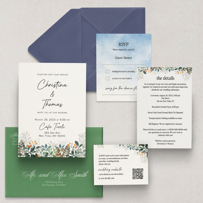 wedding invitation suite with green spring and summer flowers - XOXOKristen