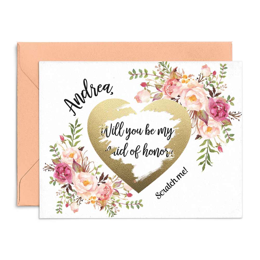 Personalized Peach Bouquet Will you be my Maid of Honor Proposal Scratch off Card - XOXOKristen