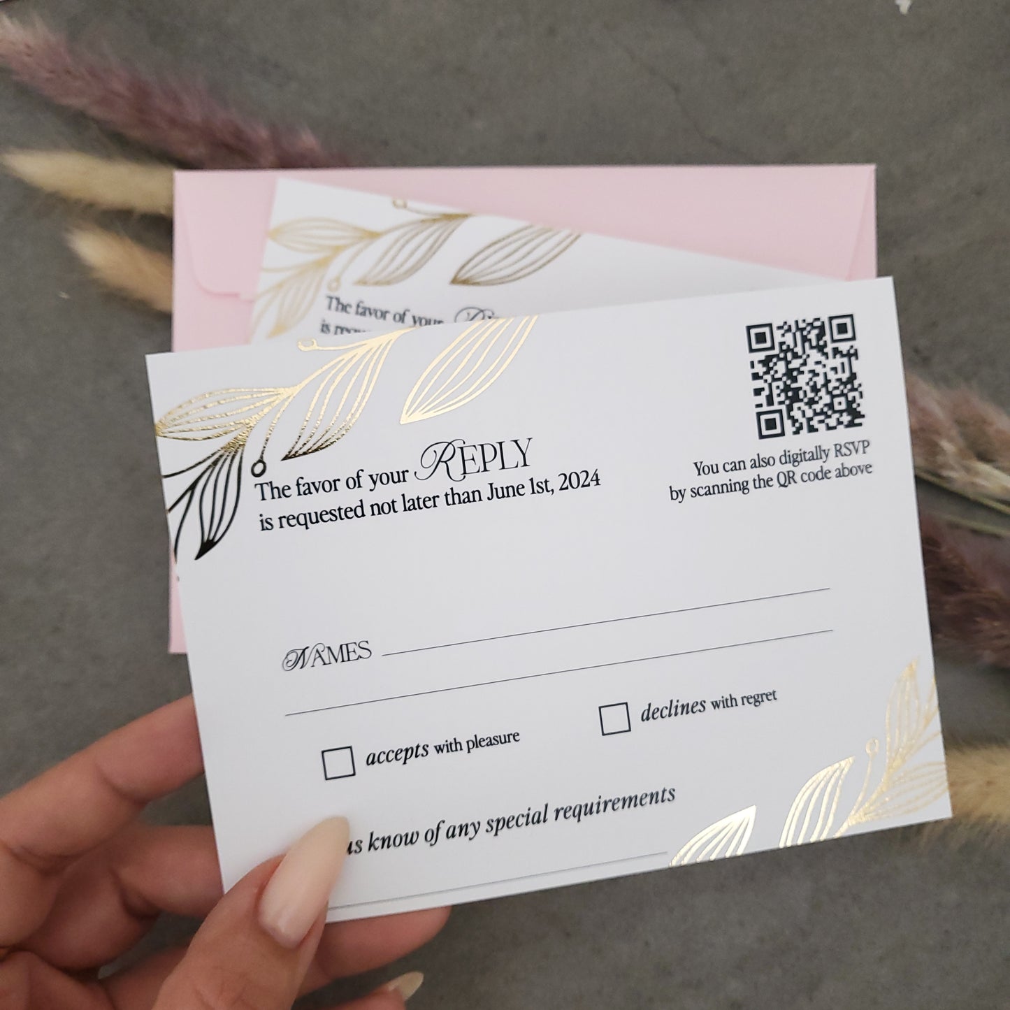gold foiled rsvp card with qr code - XOXOKristen