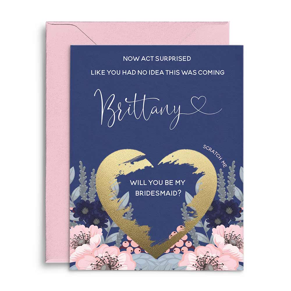 Personalized Pink flowers and Navy Blue Will you be my Bridesmaid proposal scratch off card - XOXOKristen