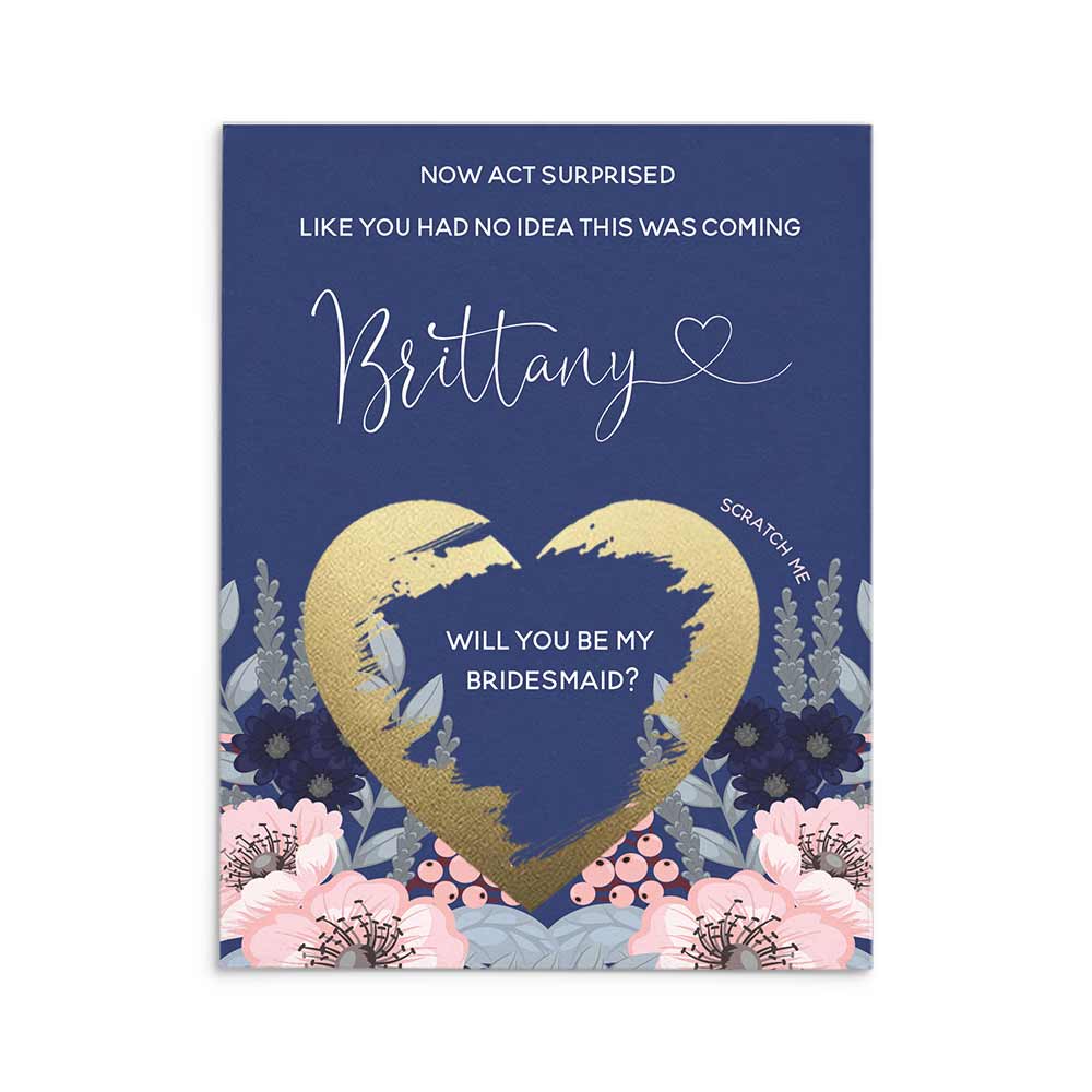 Personalized Pink flowers and Navy Blue Will you be my Bridesmaid proposal scratch off card - XOXOKristen