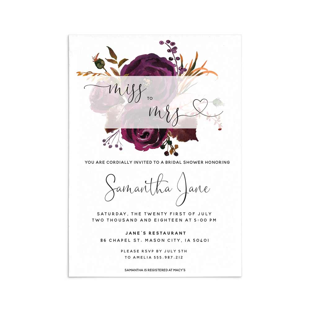 Custom bridal shower invitation with plum floral bouquet - XOXOKristen