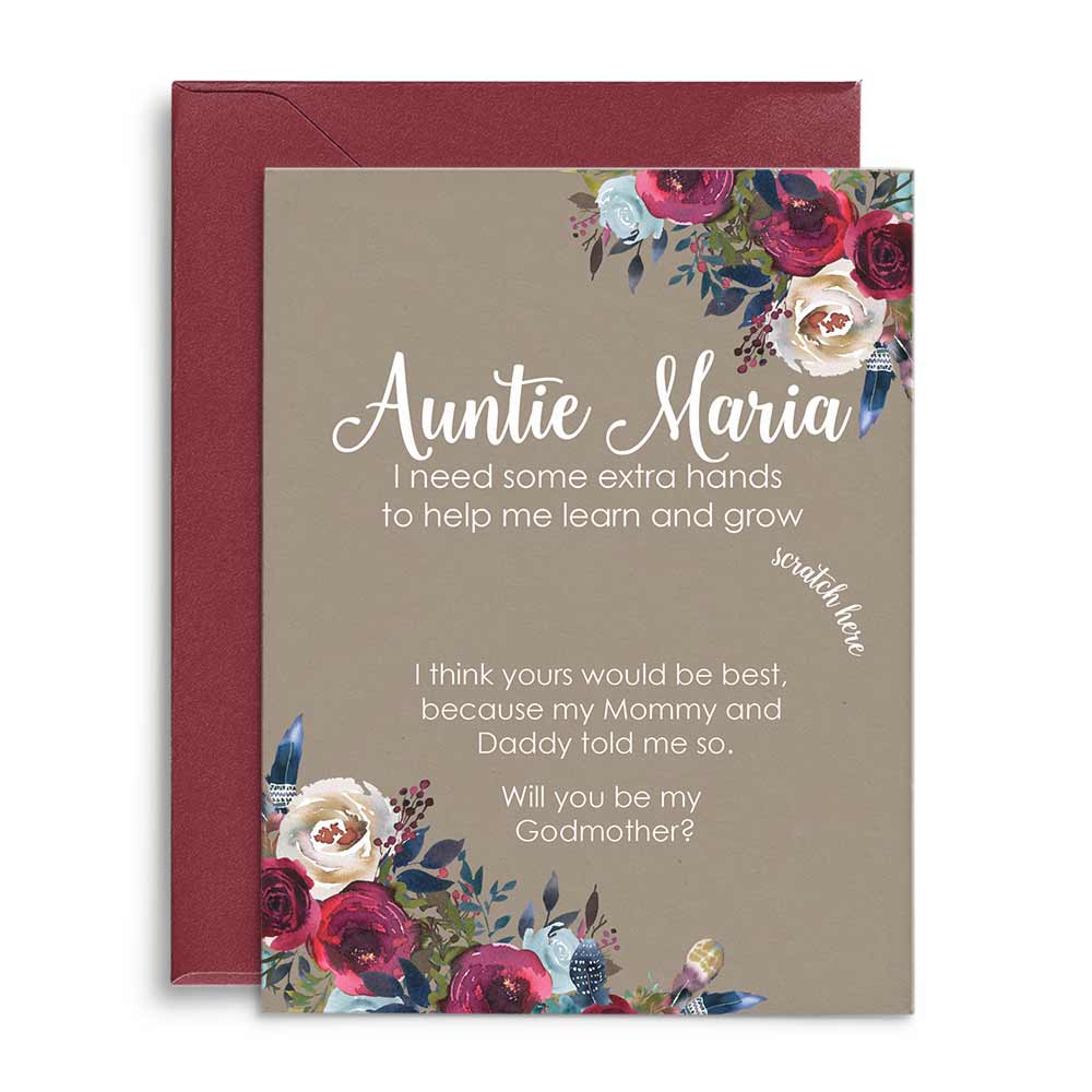 Personalized Will you be my godmother proposal scratch-off card with burgundy flower bouquet - XOXOKristen