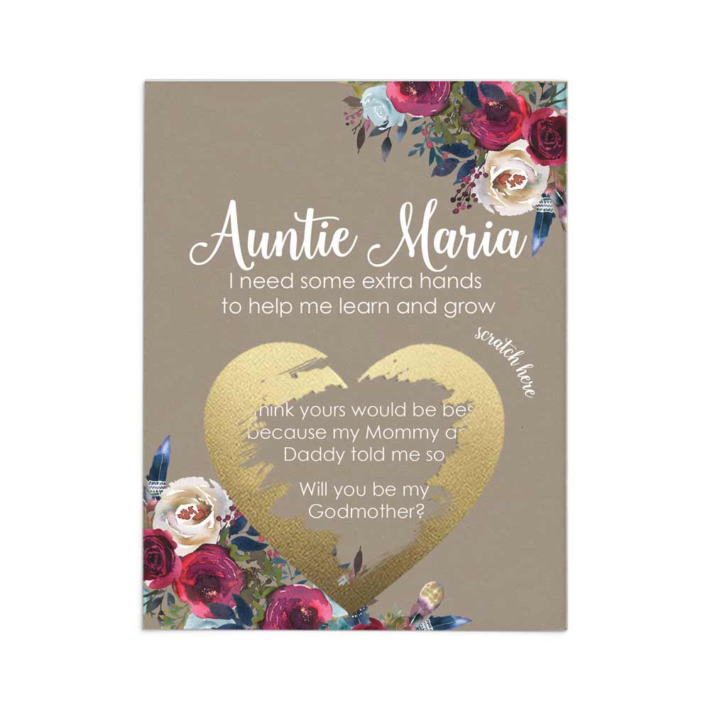 Personalized Will you be my godmother proposal scratch-off card with burgundy flower bouquet - XOXOKristen