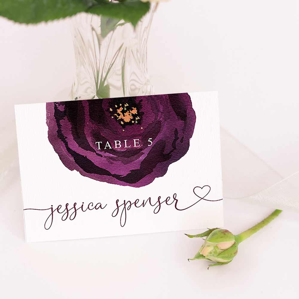Personalized plum flower wedding table place cards - XOXOKristen