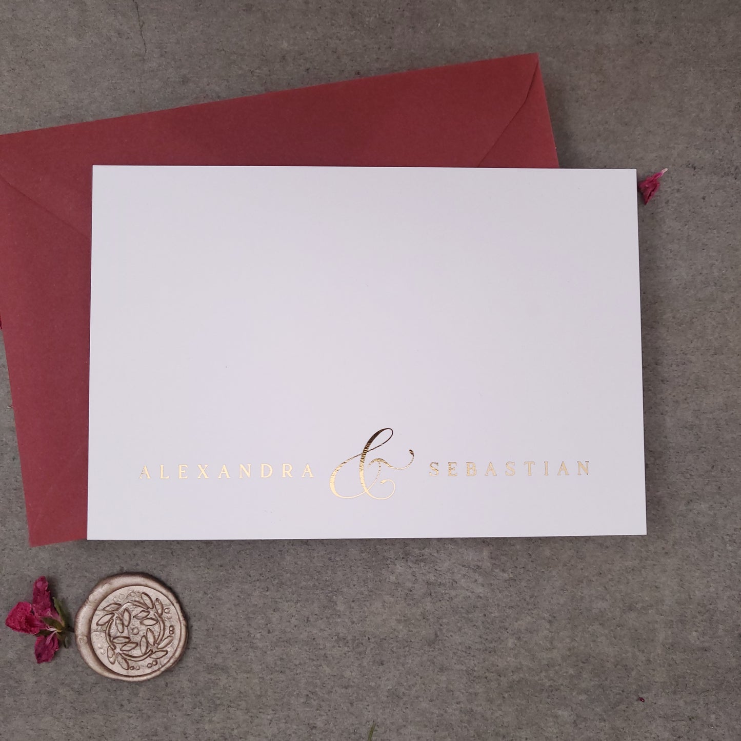 custom flat wedding stationery cards with gold foiled lettering- XOXOKristen