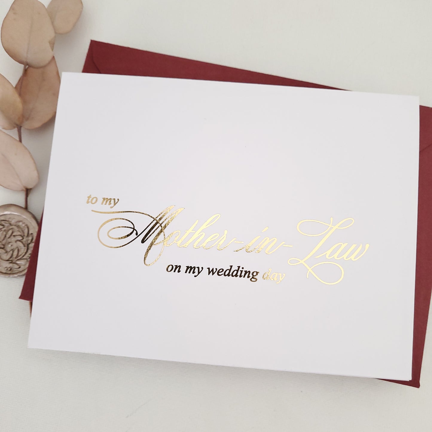 gold foiled mother-in-law on my wedding day note card - XOXOKristen