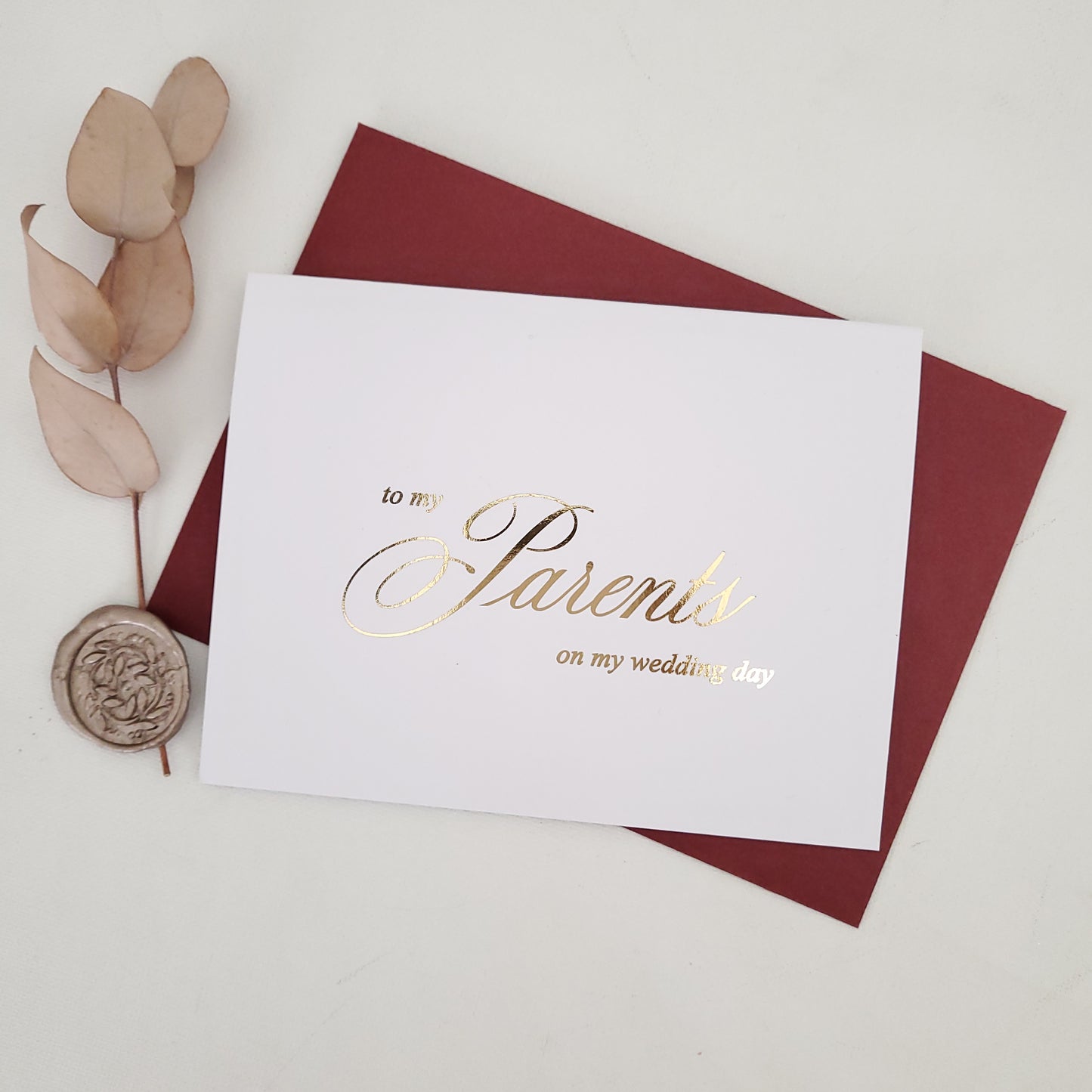 gold foiled to my parents on my wedding day note card - XOXOKristen