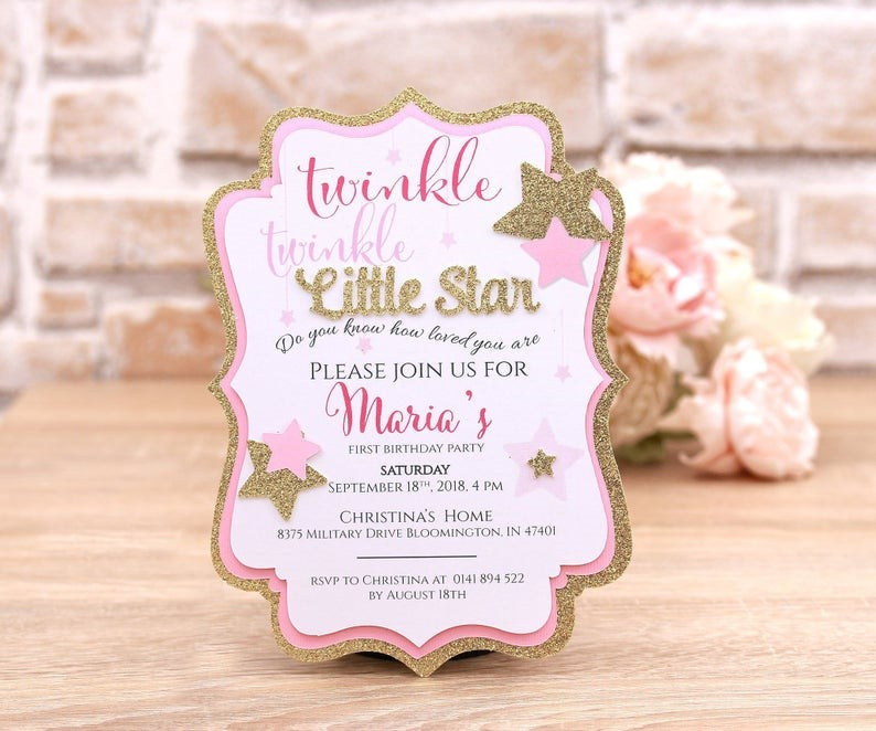 Custom pink and gold Twinkle Twinkle Little Star birthday invitation - XOXOKristen