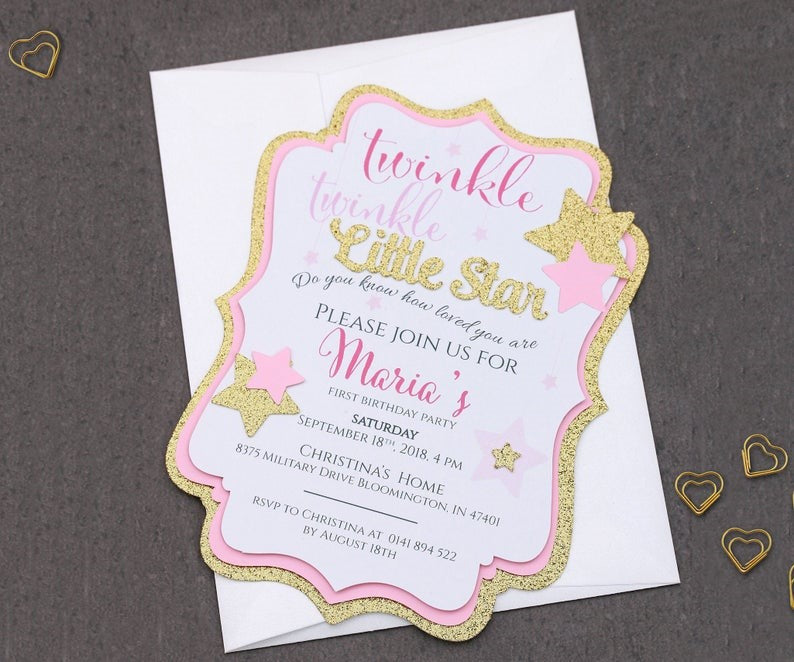 Custom pink and gold Twinkle Twinkle Little Star birthday invitation - XOXOKristen
