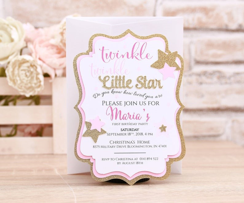 Custom pink and gold Twinkle Twinkle Little Star birthday invitation - XOXOKristen