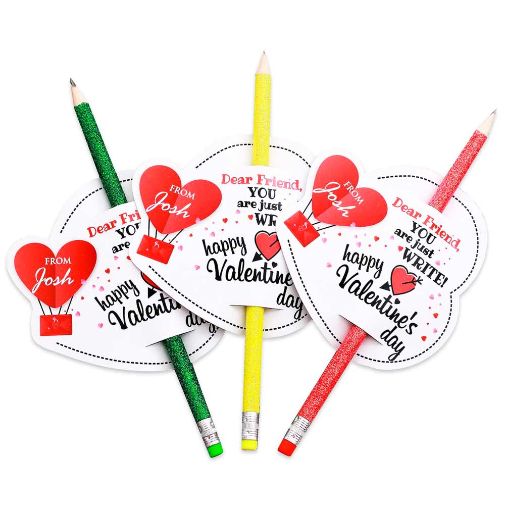 Personalized kids Valentine's day cards with glitter pencils - XOXOKristen