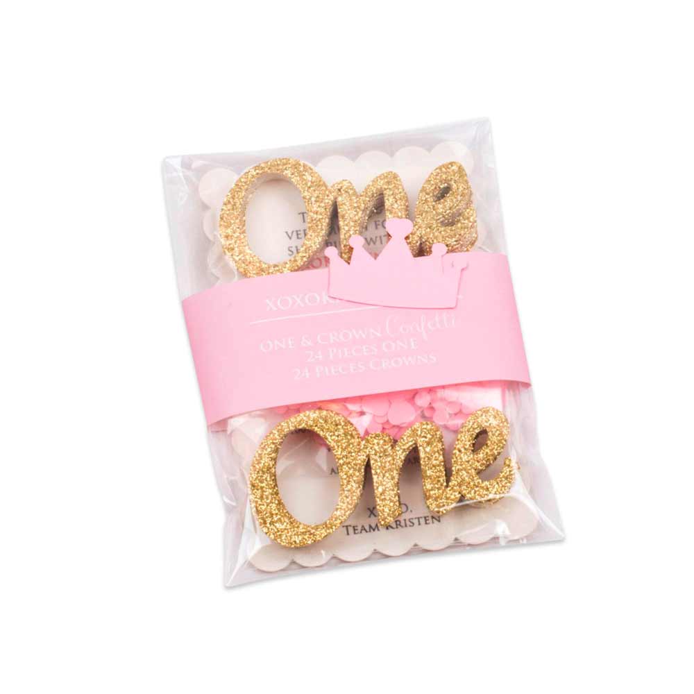 Gold glitter and pink one and crown shaped first birthday party confetti - XOXOKristen