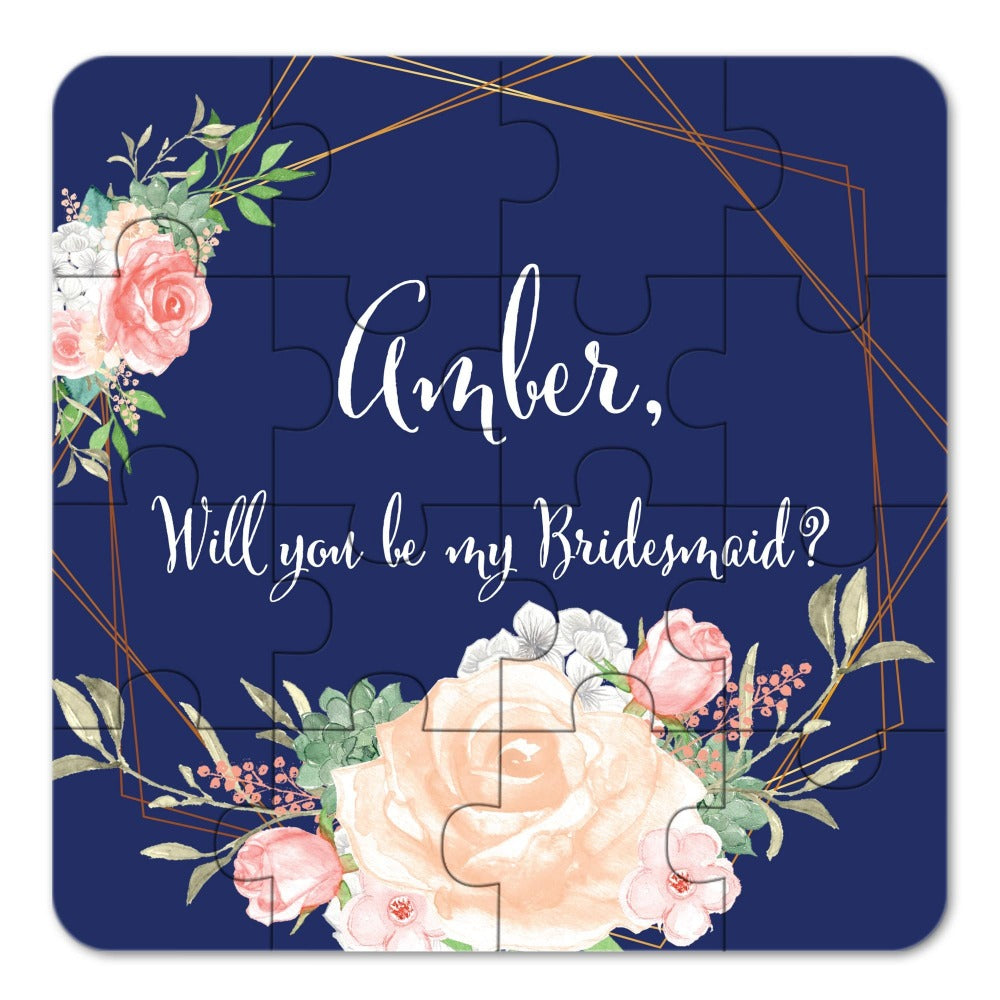 Personalized Will you be my bridesmaid Navy Blue Puzzle Proposal with Pink Flower Bouquet - XOXOKristen