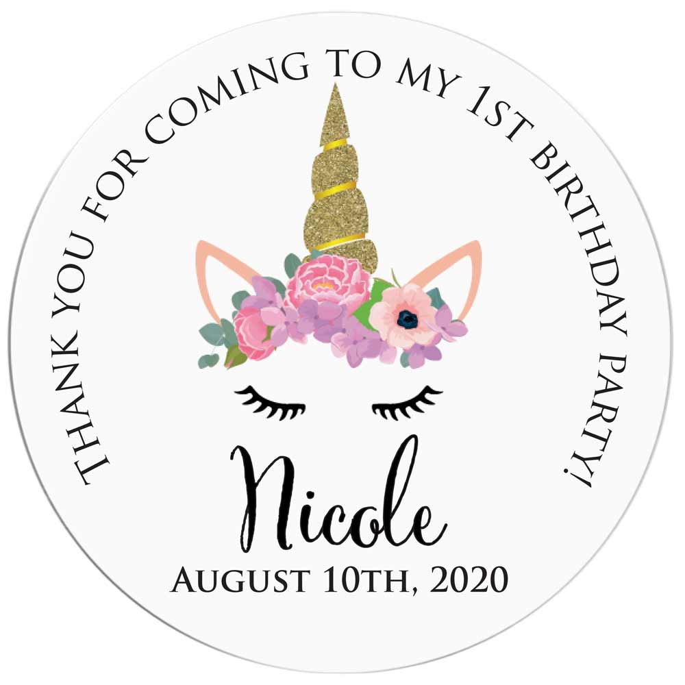 thnak you for coming to my birthday party gold unicorn horn with flowers birthday sticker - xoxokristen